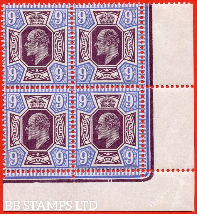 SG. 307a. M41 (5). 9d Deep Plum & Blue. A fine totally UNMOUNTED MINT bottom right hand corner marginal block of 4 with date cuts.